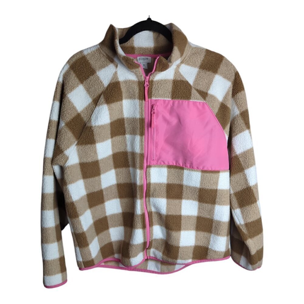 J. Crew Plaid Woven Sherpa Fleece Mock Neck Zip Up Jacket Brown Cream Size XL